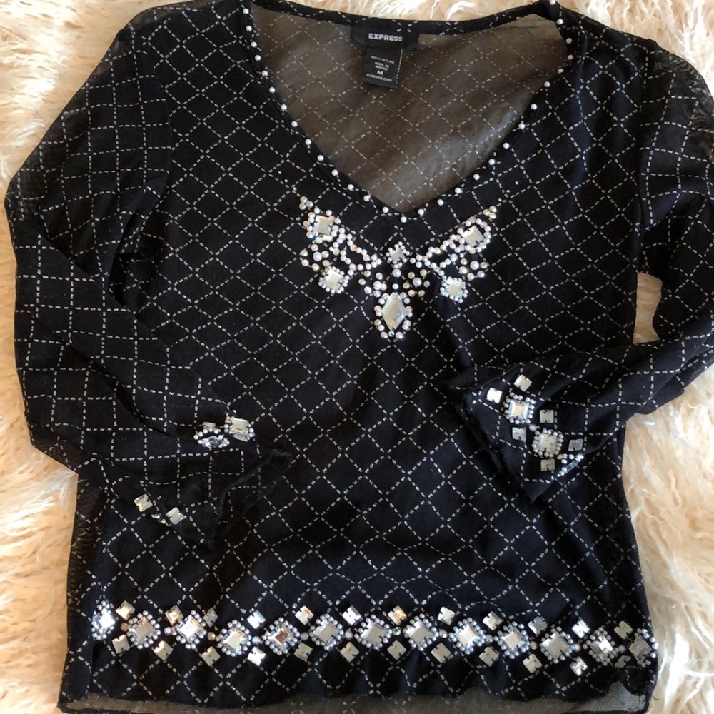 Rhinestone pearl sheer v neck top